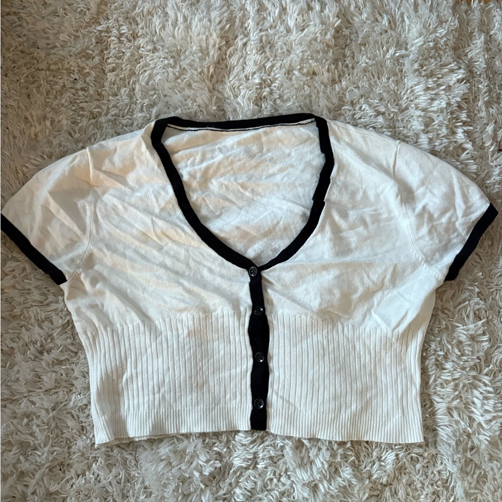 Cropped White Knit Midi Dress with Black Trim - Unbranded
